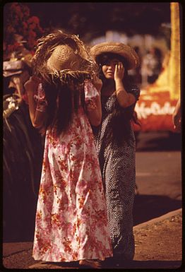 DRESSED FOR ALOHA DAY PARADE DURING ANNUAL ALOHA WEEK FESTIVITIES
