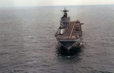 A bow view of the amphibious assault ship USS SAIPAN (LHA-2) during maritime interdiction operations