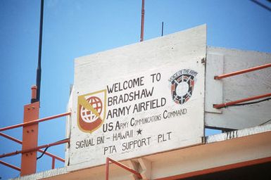 A welcome sign on the control tower