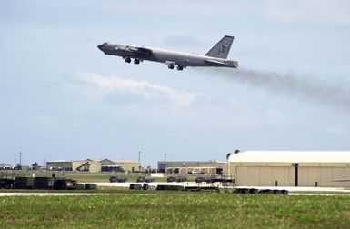 A US Air Force (USAF) B-52H Stratofortress aircraft assigned to the 2nd Bomb Wing (BW), Barksdale Air Force Base (AFB), Louisiana (LA), takes off at Andersen AFB, Guam, in support of the 7th Air Expeditionary Wing (AEW)