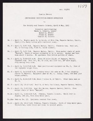 Smithsonian-Bredin Society Islands Expedition, 1957 : station data