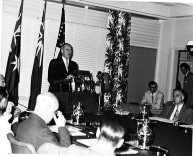 Dean Acheson speaks before the ANZUS Council in Kaneohe, Hawaii