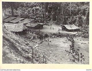 BOUGAINVILLE. 1945-05-31. WARRANT OFFICER 2 W.W. BROWN, AUSTRALIAN NEW GUINEA ADMINISTRATIVE UNIT (1), LINING UP NATIVES OF THE SIWAI TRIBE. THESE NATIVES HAVE BEEN EVACUATED FROM JAPANESE ..
