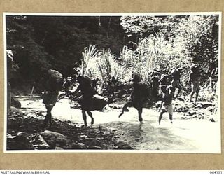 MOUNT PROTHERO AREA, NEW GUINEA. 1944-01-20. NATIVE CARRIERS AND INFANTRYMEN CROSSING A STREAM WHILE ON THEIR WAY TO THE FRONT WITH SUPPLIES FOR THE 2/12TH INFANTRY BATTALION