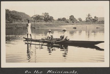 Outrigger canoe on the Wainimala River, Fiji, July 1930