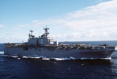 A starboard view of the amphibious assault ship USS SAIPAN (LHA 2) underway during NATO Exercise NORTHERN WEDDING 86