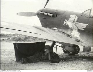 KIRIWINA, TROBRIAND ISLANDS, PAPUA. 1944-01-11. LEADING AIRCRAFTMAN L. J. DRAPER OF WENTWORTH, NSW, FITTER, IN A SHADY SPOT UNDER THE WING FOR A REST WHILE ON STAND-BY. HE IS A GREAT BELIEVER IN ..