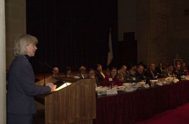 Secretary Gale Norton speaking at meeting of the U.S. Coral Reef Task Force in Washington, D.C. Norton was among officials from 12 federal agencies, 7states and territories, as well as the Marshall Islands, Micronesia, and Palau, discussing projects to improve conservation and management of coral reefs, the impact of climate change, international trade issues, and other matters