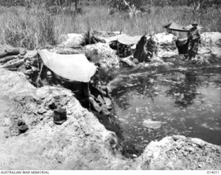 BUNA, PAPUA, 1943-01-08. AMERICAN SOLDIERS HAVE MADE DUGOUTS FOR TEMPORARY SHELTER ALONG THE RIM OF A BOMB CRATER. (PHOTOGRAPHER: G. SILK)