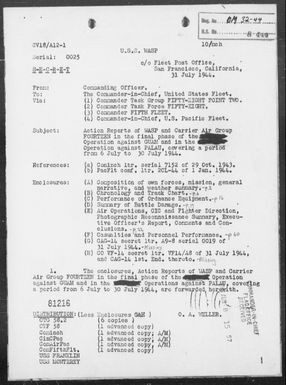 USS WASP - Report of Air Operations Against Guam Island, Marianas and Against Palau During the Period 7/6-30/44