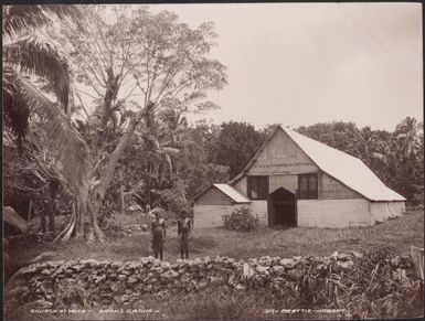 Two boys outside the church at Mota, Banks Islands, 1906 / J.W. Beattie