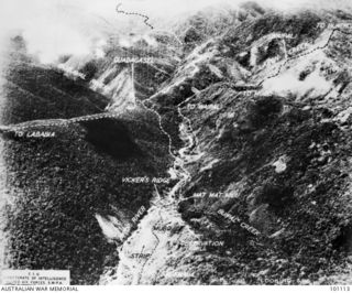 MUBO VILLAGE, NEW GUINEA, 1943-02-07. AERIAL PHOTOGRAPH OF MUBO VILLAGE LOOKING SOUTH WEST AND SHOWING THE EMERGENCY LANDING GROUND