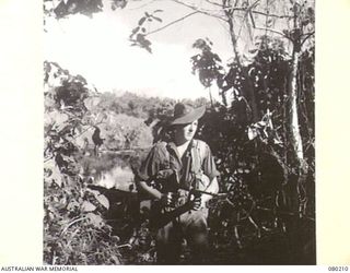 AWAR POINT, NEW GUINEA. 1944-07-09. PRIVATE F. JONES, FORWARD SCOUT, NO.14 PLATOON, C COMPANY, 30TH INFANTRY BATTALION, ARMED WITH AN OWEN GUN SCANS FOR THE ENEMY. MEMBERS OF THE PATROL ARE SEEN IN ..