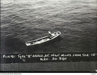 NEAR GASMATA, NEW BRITAIN. C. 1944. A JAPANESE BARGE LOCATED BY TWO BEAUFIGHTER AIRCRAFT OF NO. 30 SQUADRON RAAF THIRTY FIVE MILES FROM GASMATA, ON THE SOUTH COAST OF NEW BRITAIN. THE CREWS WHO ..