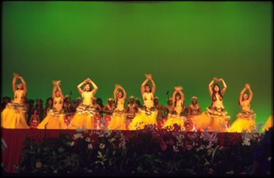 Ceremonial dance group on stage, Festival of Pacific Arts