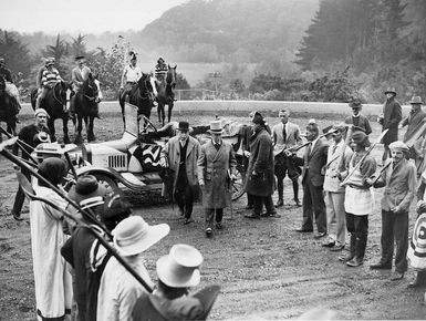 Governor General of New Zealand, Lord Bledisloe, visiting Massey University in Palmerston North, flanked by an unofficial Guard of Honour