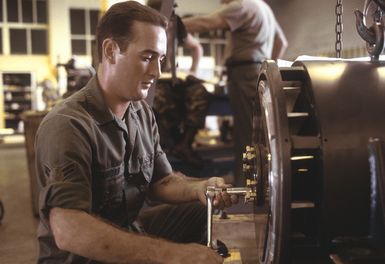 AIRMAN 1ST Class Douglas Jamison services a piece of aerospace ground equipment (AGE). He is assigned to the 43rd Field Maintenance Squadron AGE branch. Exact Date Shot Unknown