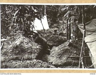 GOODVIEW, NEW GUINEA, 1943-08-10. NX105064 CORPORAL G. KURTZ OF THE 2/6TH BATTALION AT FIRING POSITION IN "D" COMPANY'S INTERCOMMUNICATION TRENCHES