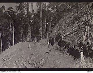 BULLDOG-WAU ROAD, NEW GUINEA, 1943-07-16. BENCHED PORTION OF THE ROAD AT THE 30 MILE POINT. NATIVE CARRIERS IN MIDDLE DISTANCE