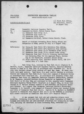 COMDESRON 12 - Rep of ops in support of the invasion of Guam Is, Marianas 7/21/44 - 8/9/44
