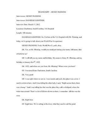 Henry W. Fleming, Interview by Danielle Lightner, 17 March 2012