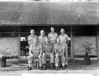 TOROKINA, BOUGAINVILLE. 1945-11-23. OFFICERS OF 5 COMMANDER, ROYAL ENGINEERS, (AIF), IDENTIFIED PERSONNEL ARE: CAPTAIN S.G. DENMAN (1); LIEUTENANT-COLONEL R.M. TAYLOR (2); CAPTAIN C.W.B. VAUGHAN ..