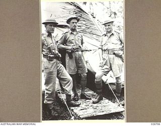 PORT MORESBY, PAPUA. 1942-09. SENIOR OFFICERS OF MILNE FORCE. LEFT TO RIGHT:- COLONEL F.O. CHILTON, GSO I, MAJOR GENERAL C.A. CLOWES, GENERAL OFFICER COMMANDING THE FORCE, AND COLONEL JOHN ..