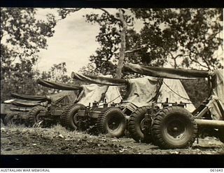 17 Mile, Port Moresby Area, Papua. 1943-12-13. 40mm Bofors anti-aircraft guns which have been returned to the Returned Stores Depot, 10th Australian Advanced Ordnance Depot, for repairs