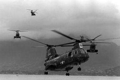 Five CH-46 Sea Knight helicopters from Marine Helicopter Squadron, Medium 262, return home from a Western Pacific deployment