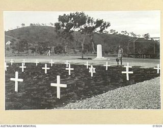 1943-06-15. NEW GUINEA. PORT MORESBY CEMETERY. THE AMERICAN MEMORIAL BEARS THE INSCRIPTION:- "IN MEMORY OF OUR DEPARTED COMRADES 1942 - 43. (NEGATIVE BY N. BROWN)