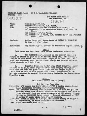 USS WADLEIGH - Report of operations in support of the invasion of Saipan Island, Marianas, 6/14/44 - 7/9/44