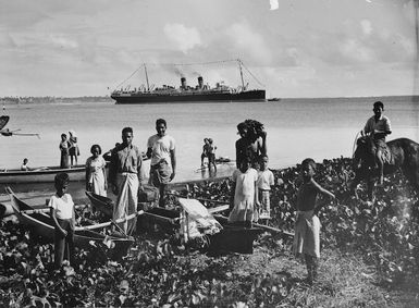 Samoan group and canoes, and the ship Monowai, at Apia, Samoa - Photograph taken by William Hall Raine