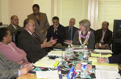 Secretary Gale Norton at meeting with the Governor of American Samoa, Tauese Pita Fiti Sunia, to Norton's left, and other Samoan officials in Washington, D.C. Photograph was selected for use in preparation of Department of Interior video on the Norton tenure