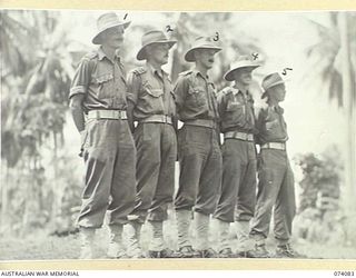 SIAR, NEW GUINEA. 1944-06-21. OFFICERS OF B COMPANY, 57/60TH INFANTRY BATTALION. IDENTIFIED PERSONNEL ARE:- VX50043 LIEUTENANT D.J. BOLWELL (1); VX114266 LIEUTENANT M. YOUNG (2); VX3964 CAPTAIN ..