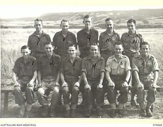 KELANOA, NEW GUINEA, 1944-02-25. MEMBERS OF "G" AND "I" BRANCH, 5TH DIVISION. IDENTIFIED PERSONNEL ARE: Q36789 PRIVATE C.E. SAIT (1); QX45492 CORPORAL H. WEST (2); Q37107 CORPORAL C.W. PRICE (3); ..