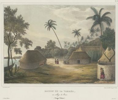 Maison de Tamaha, au village de Moua, Tonga-Tabou / de Sainson pinx.; Arnout lith. 1830; fig. par V. Adam