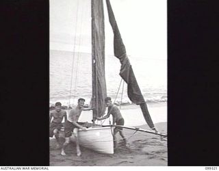 DALLMAN HARBOUR, NEW GUINEA, 1945-11-11. A SAILING REGATTA, ORGANISED BY A COMMITTEE FROM 16TH INFANTRY BRIGADE, WAS HELD ON DALLMAN HARBOUR. FORTY FIVE CRAFT, MADE BY THE CREWS FROM MATERIALS ..