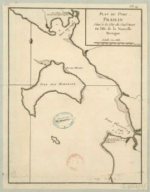 ["Plan du port Praslin situé à la côte du sud-ouest de l'isle de la Nouvelle Bretagne / [tirée de Bougainville]"]