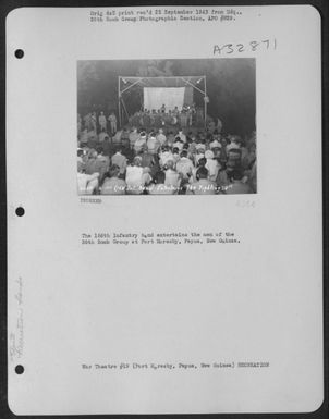 The 158th Infantry band entertains the men of the 38th Bomb Group at Port Moresby, Papua, New Guinea. (U.S. Air Force Number 3A32871)