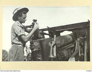 SOUTH ALEXISHAFEN, NEW GUINEA. 1944-07-24. VX54772 GUNNER C. GREENHALGH "A" TROOP, 2/14TH FIELD REGIMENT ADJUSTING THE SIGHTS OF A 25 POUNDER GUN IN PREPARATION FOR A PRACTICE SHOOT