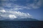 View of Moorea Island in French Polynesia in the South Pacific as seen from sea from one of the research ships during the Capricorn Expedition (1952-1953). January 17, 1953