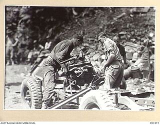 BARGES HILL, CENTRAL BOUGAINVILLE, 1945-06-26. A FUNICULAR RAILWAY IS BEING CONSTRUCTED BY 23 FIELD COMPANY, ROYAL AUSTRALIAN ENGINEERS, TO CARRY EQUIPMENT UP OVER THE HILL. HERE, THEY ARE LIFTING ..