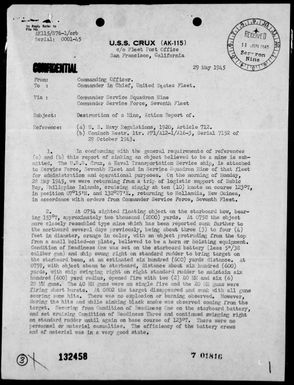 USS CRUX - Rep of the destruction of a mine West of the Palau Islands, 5/28/45