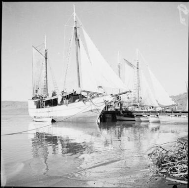 Asakaze and several other boats moored to a jetty, Rabaul Harbour, New Guinea, 1937 / Sarah Chinnery