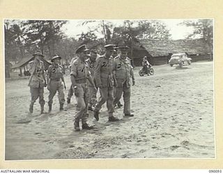 AITAPE, NEW GUINEA. 1945-03-19. GENERAL SIR THOMAS A. BLAMEY, COMMANDER-IN-CHIEF, ALLIED LAND FORCES, SOUTH WEST PACIFIC AREA (3), ACCOMPANIED BY MAJOR-GENERAL J.E.S. STEVENS, GENERAL OFFICER ..