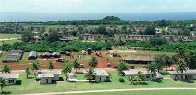 Aerial shot of Andersen Air Force Base, Guam, which is serving as temporary lodging for Kurdish evacuees (not shown) from northern Iraq during Operation PACIFIC HAVEN. The operation, a joint humanitarian effort conducted by the US military, entails the evacuation of approximately 2,400 Kurds from northern Iraq to avoid retaliation from Iraq for working with the US government and international humanitarian agencies. The Kurds will be housed at Andersen AFB, while they go through the immigration process for residence in the United States