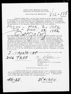Volume 175: Immigration Service Forms, March 2, 1952 - June 27, 1952