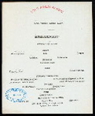 BREAKFAST [held by] TOYO KISEN KAISHA [at] EN ROUTE ABOARD HONG KONG MARU (SS)