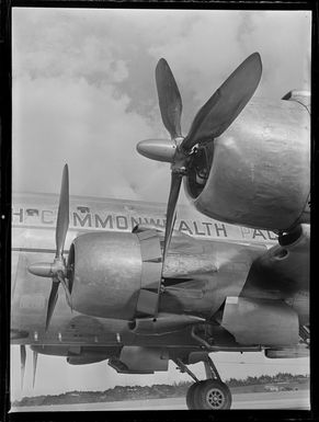 Propellors of British Commonwealth Pacific Airlines aircraft RMA Endeavour at Whenuapai