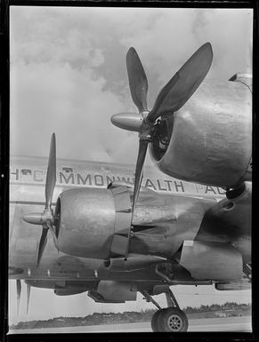Propellors of British Commonwealth Pacific Airlines aircraft RMA Endeavour at Whenuapai